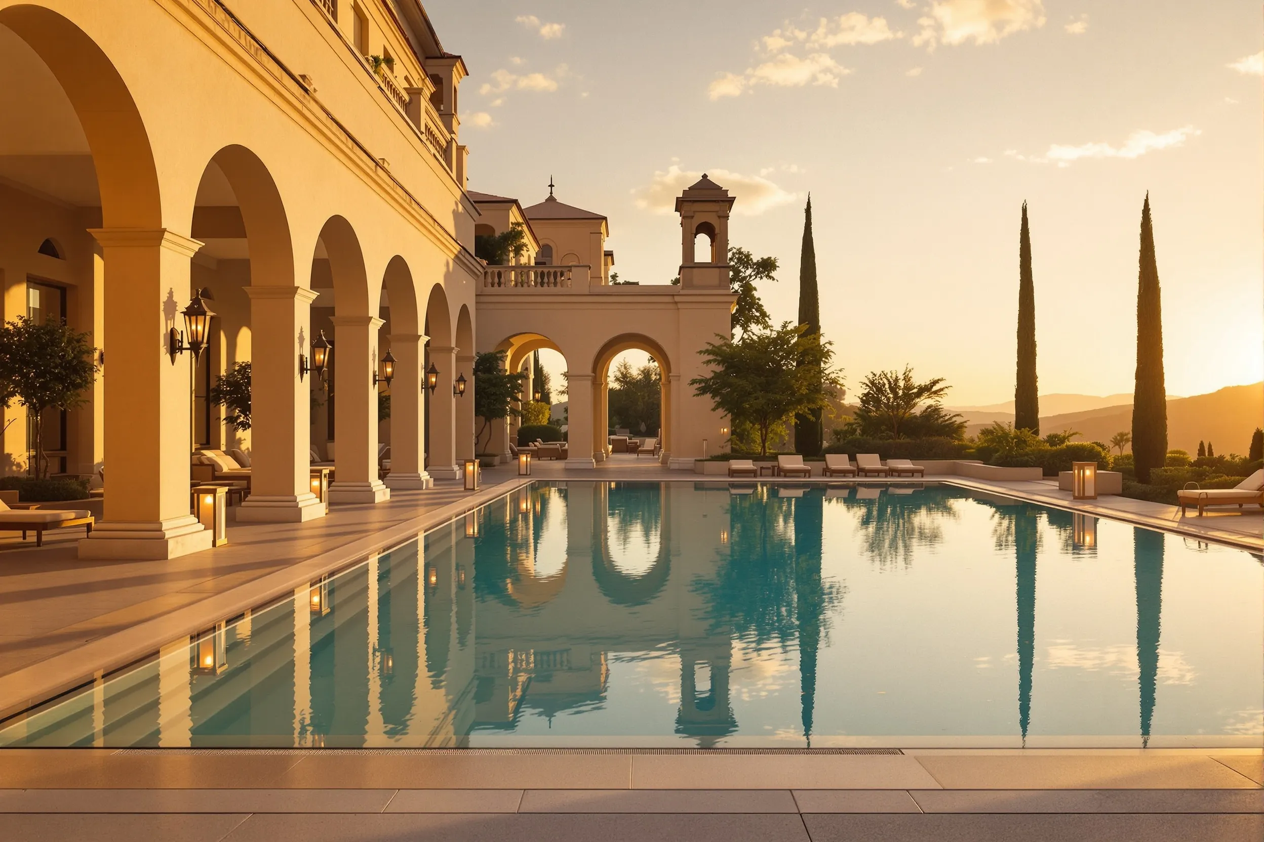Candlelit courtyard pool at an Atlas hotel after dark