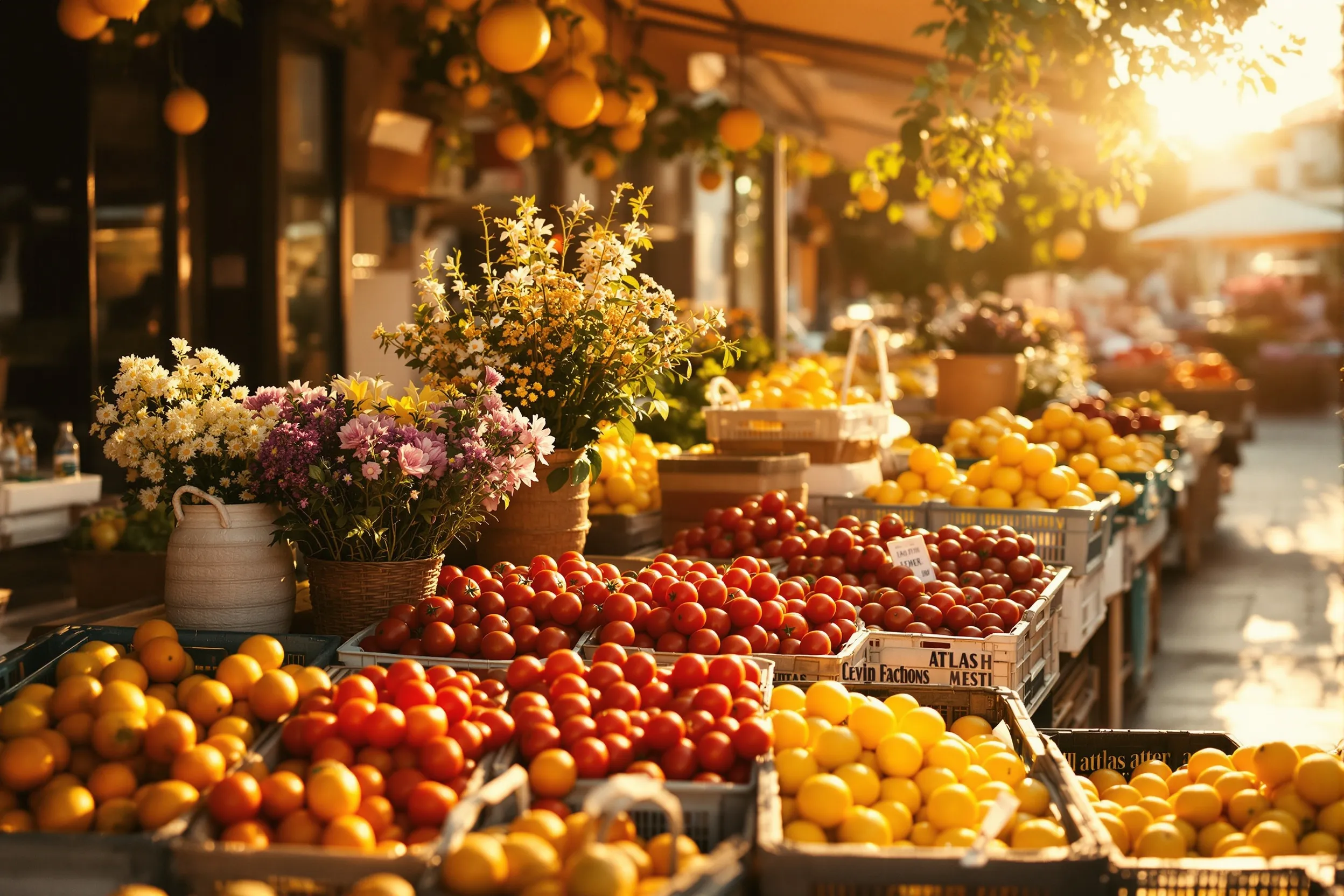 Produce stalls at a morning market