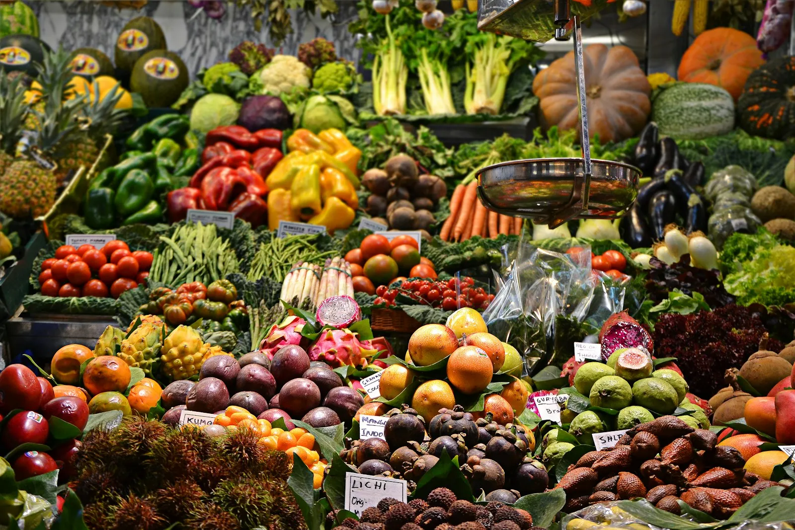 Produce stalls at a morning market