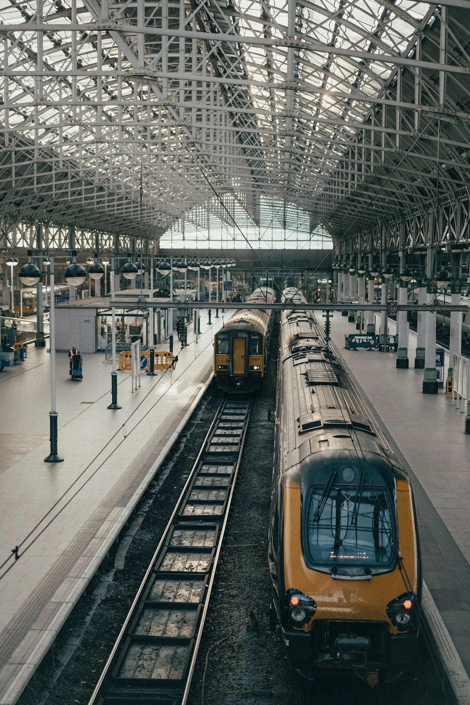 Trains waiting under a vaulted station roof